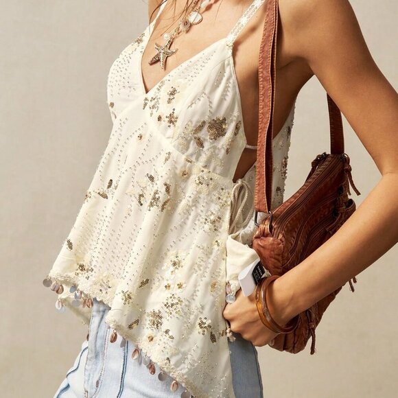 Boho Women's Sequined Ruffle Hem Elegant Camisole top - Picture 4 of 7